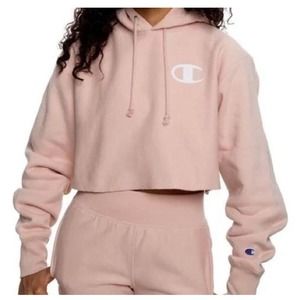 Champion Women's Sz-XS Reverse Weave Hoodie Cropped Raw Hem Almond Pink